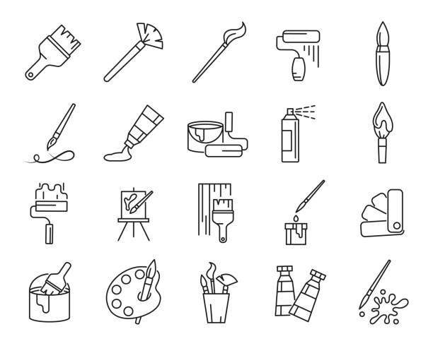 Painter Sign Thin Line Icon Set. Vector Painter Sign Thin Line Icon Set Include of Brush, Palette, Tube and Canvas. Vector illustration of Icons artist stock illustrations