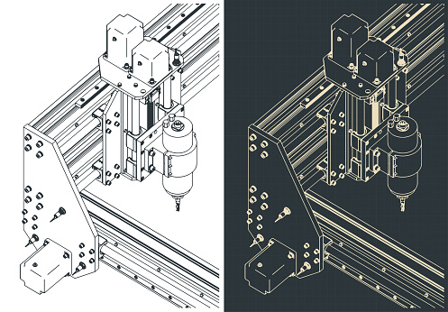Stylized vector illustrations of automated CNC machine for 3D carving isometric drawings