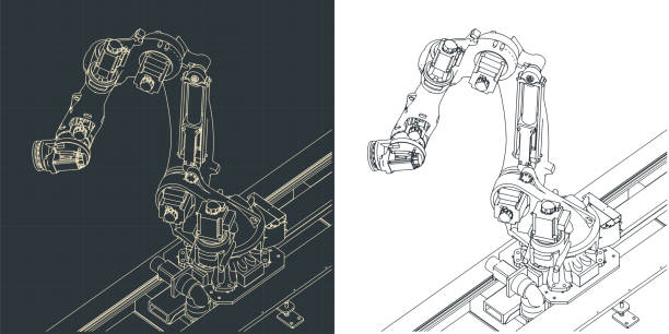 Robotic arm for automated production lines blueprints Stylized vector illustration of an industrial robotic arm for automated production lines robotics stock illustrations