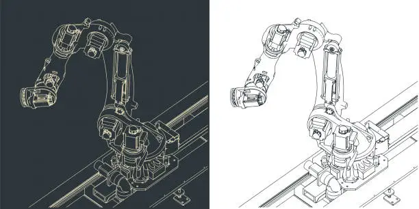 Vector illustration of Robotic arm for automated production lines blueprints