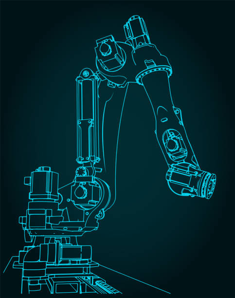 Robotic arm for automated production lines Stylized vector illustration of an industrial robotic arm for automated production lines robotics stock illustrations