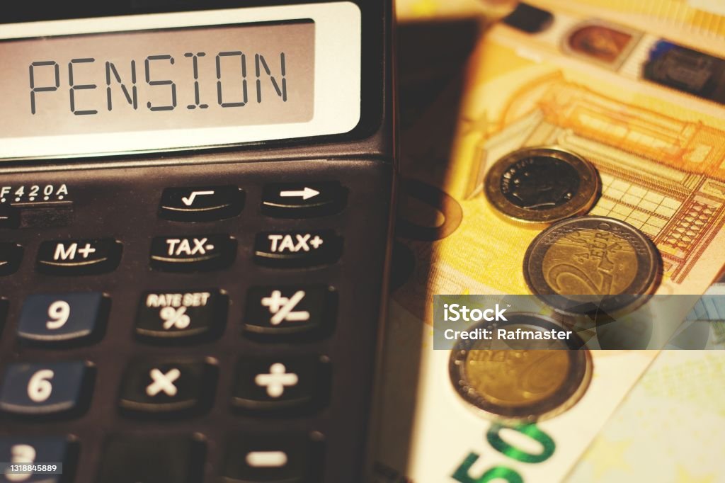Pension Calculator and euros with the sign Pension Pension Stock Photo