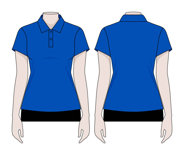 ilustrações, clipart, desenhos animados e ícones de mangas curtas brancas azuis femininas polo camisa modelo vetor. - blue polo shirt