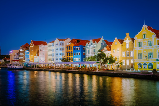 Willemstad, Curacao March 2021. Dutch Antilles. Colorful Buildings attracting tourists from all over the world. Blue sky sunny day Curacao Willemstad