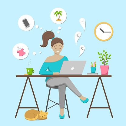 Girl With Computer Working And Dreaming Stock Illustration - Download ...