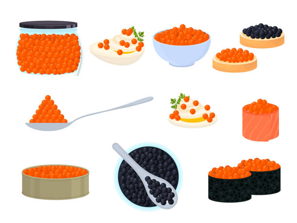 ilustraciones, imágenes clip art, dibujos animados e iconos de stock de conjunto de iconos de caviar rojo y negro de dibujos animados. vector - caviar