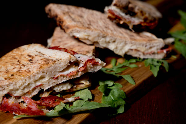 traditional campania panuozzo - mozzarella tomato salad italy foto e immagini stock