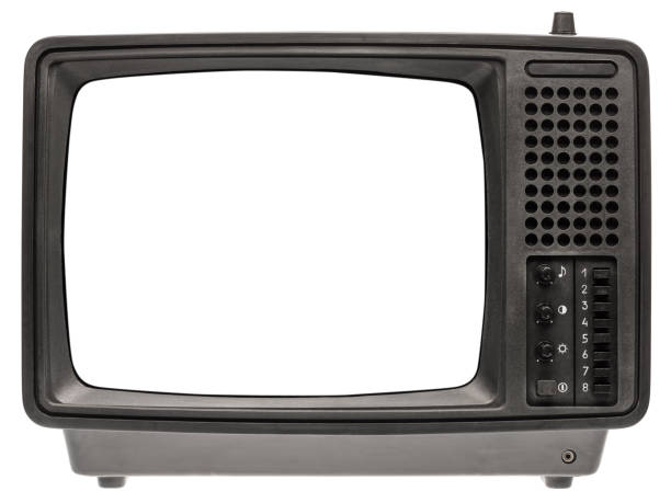 Retro old portable TV set with blank screen template isolated on white