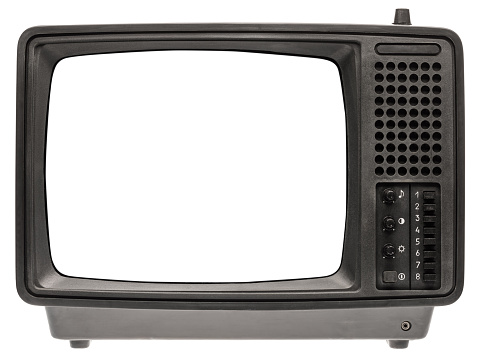 Vintage portable black and white CRT TV receiver with blank screen template isolated on white background. Retro technology concept