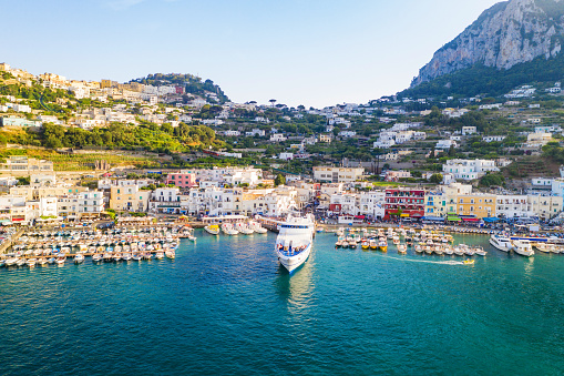 Aerial view of the Marina Grande and north coast of Capri Island, Italy