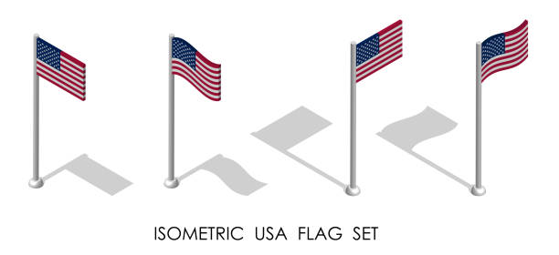 美利堅合眾國的等軸測量旗處於靜態位置，並在旗杆上運動。3d向量 - 旗杆 幅插畫檔、美工圖案、卡通及圖標