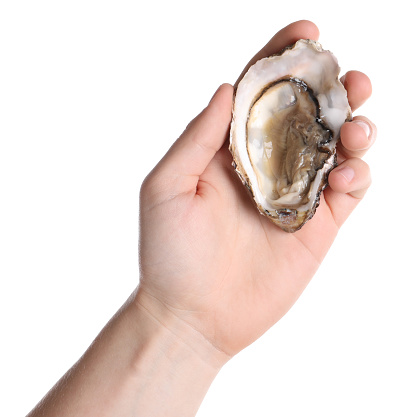 Man holding open oyster on white background, closeup