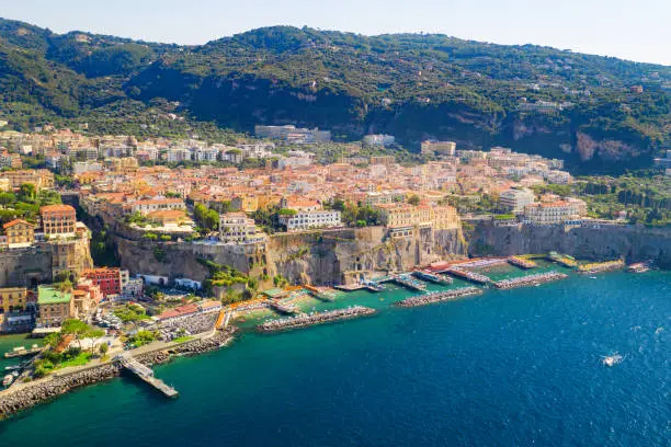 Aerial view of the coast of Sorrento in the Bay of Naples, Italy.