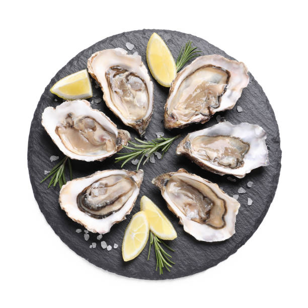 istock Fresh raw oysters served on white background, top view 1318850352