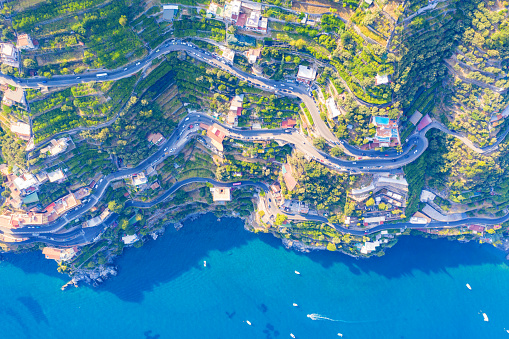 Aerial view of the stunning Amalfi Coast on a sunny day, Italy