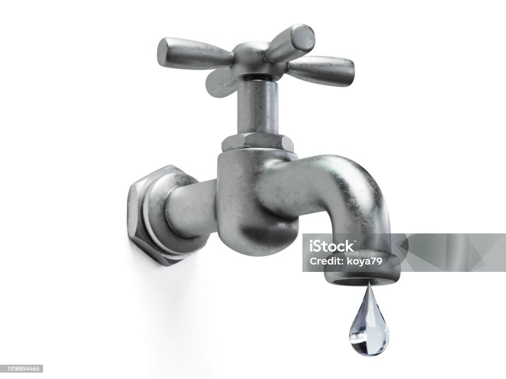 Water tap with drop of water, isolated on white. 3D rendering Water tap with drop of water, isolated on white. 3D rendering, isolated illustration Faucet Stock Photo