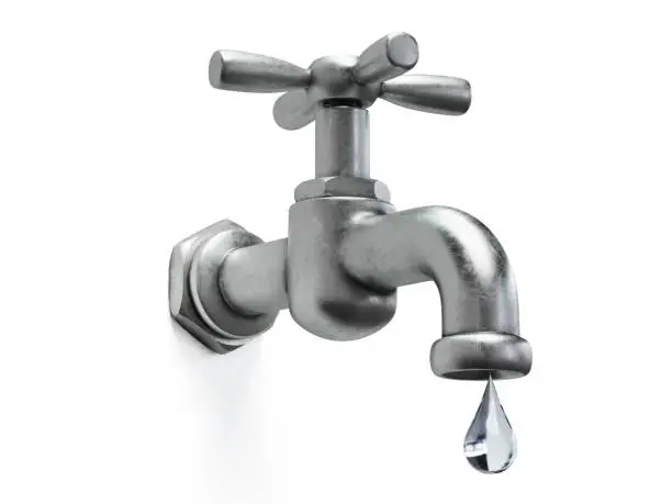 Water tap with drop of water, isolated on white. 3D rendering, isolated illustration