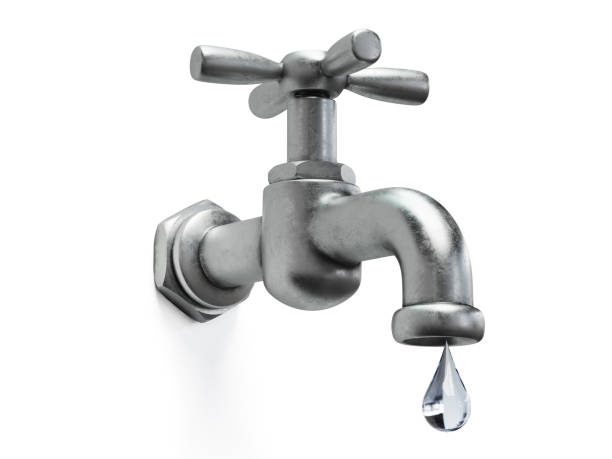 torneira de água com gota d'água, isolada em branco. renderização 3d - drop faucet water sink - fotografias e filmes do acervo