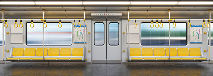 Subway car empty interior, metro cross section, 3d rendering, isolated illustration