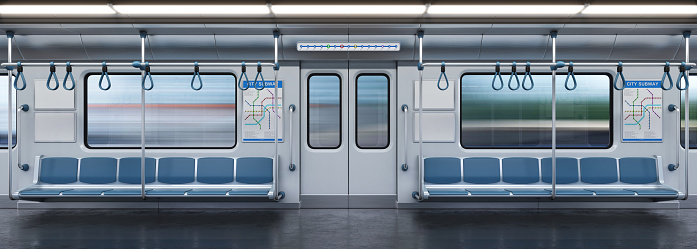 Subway car empty interior, metro cross section, 3d rendering, isolated illustration