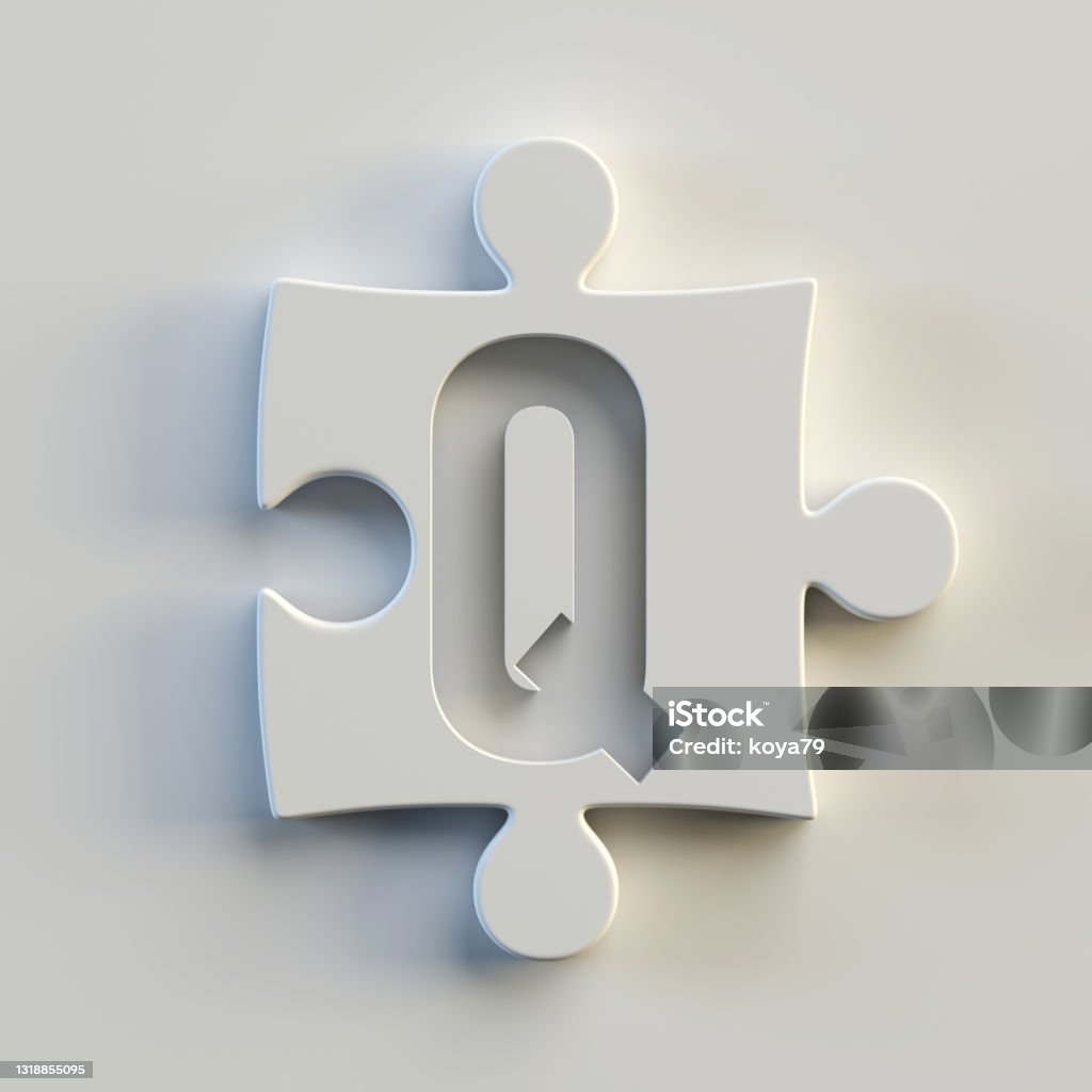 Jigsaw font 3d rendering, puzzle piece letter Q Jigsaw font 3d rendering, puzzle piece letter Q, isolated illustration Letter Q Stock Photo