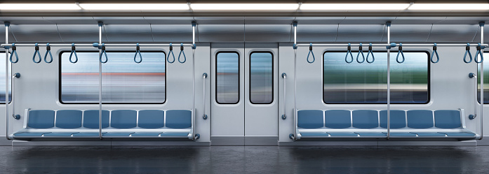 Interior vacío del vagón subterráneo, sección transversal del metro, renderizado en 3D photo