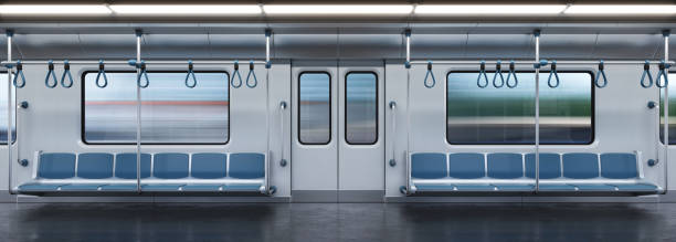 interior vacío del vagón subterráneo, sección transversal del metro, renderizado en 3d - puerta del vehículo fotografías e imágenes de stock