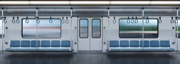 Subway car empty interior, metro cross section, 3d rendering, isolated illustration