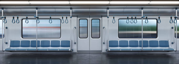 subway car empty interior, metro cross section, 3d rendering - vehicle door imagens e fotografias de stock