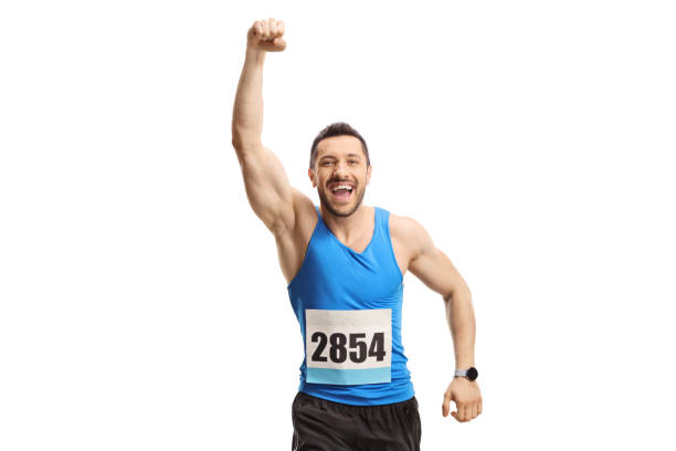 istock Young man running a marathon and gesturing with hand 1318858129