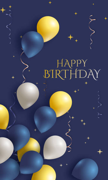 Happy Birthday holiday blue design for greeting cards with blue, white and yellow balloons Happy Birthday holiday blue design for greeting cards with blue, white and yellow balloons anniversary background stock illustrations