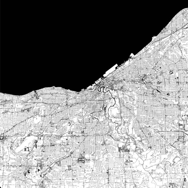 Cleveland, Ohio USA Vector Map Topographic / Road map of Cleveland, Ohio . USA United States of America. Original map data is open data via © OpenStreetMap contributors. All maps are layered and easy to edit. Roads are editable stroke. black and white map of united states stock illustrations