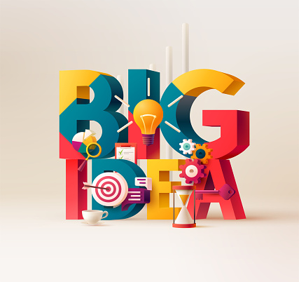 Big Idea concept. Typographic poster. 3D word lettering with colored icons on light background. Creative vector illustration.