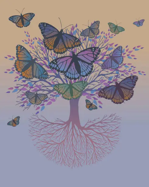 Vector illustration of Tree of life purple butterfly version