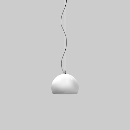 Hanging pendant lamp. Modern interior light. Chandelier with white glossy metal lampshade. Vector mock-up