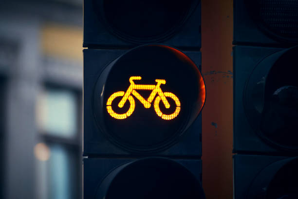 istock Bicycle traffic light sign with yellow bicycle symbol is on 1318867564
