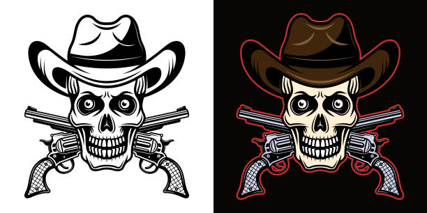 illustrations, cliparts, dessins animés et icônes de crâne dans le chapeau de cowboy et l’illustration croisée de vecteur de pistolets dans deux modèles noirs sur le blanc et coloré sur le fond foncé - animal skull cow animal black background