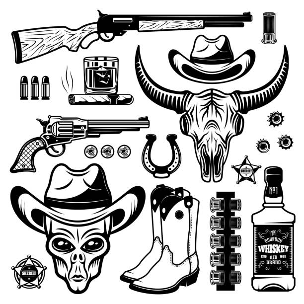 외계인 카우보이와 검은 색과 흰색 빈티지 스타일의 고립 된 일러스트레이션 벡터 개체의 다른 서양 요소 세트 - aliens and cowboys stock illustrations