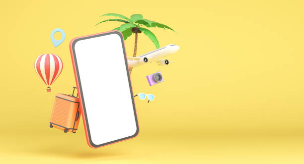 istock Pink smartphone with travel objects: plane, air balloon, sunglasses, camera and bag. 3d rendering 1318869736