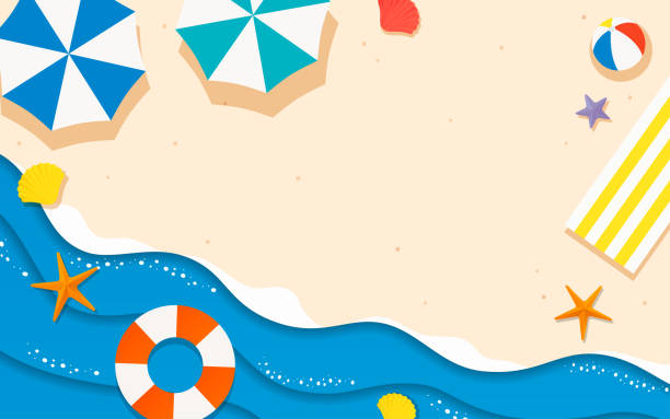 ilustraciones, imágenes clip art, dibujos animados e iconos de stock de vector de fondo de estilo arte de playa de verano - handmade umbrella