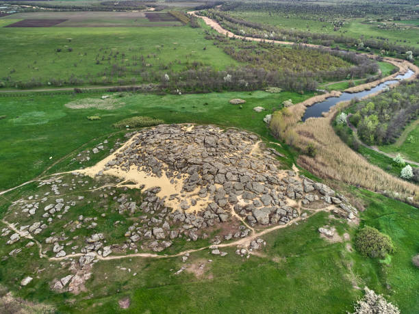 Aerial top view of big stones named Kamyana Mohyla, Melitopol Ukraine Aerial top view of big stones named Kamyana Mohyla, Melitopol Ukraine, sunny day melitopol stock pictures, royalty-free photos & images