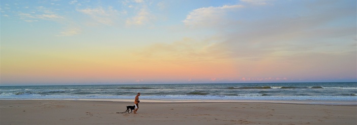 stunning colorfol beach sundown jogger with dobermann