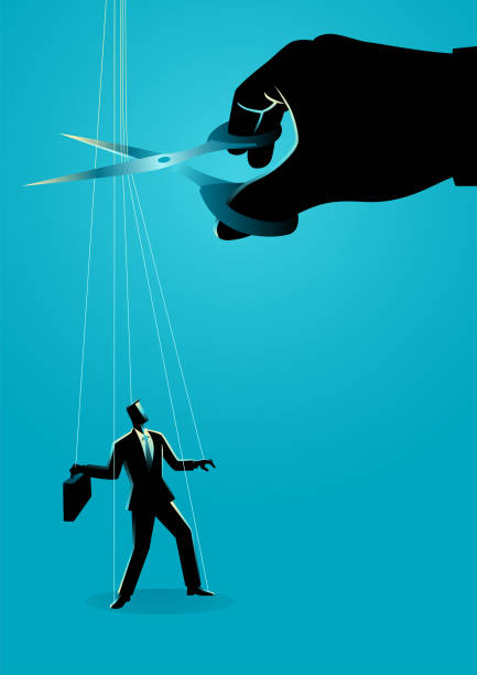 Scissors cutting the strings attached to businessman Giant hand with scissors cutting the strings attached to businessman. Freedom, independent, liberation, control concept silhouette of scissors free stock illustrations