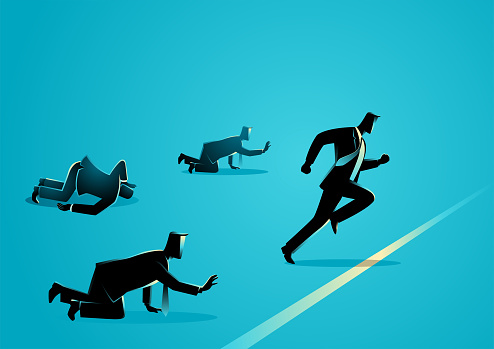 Business concept illustration of businessmen racing, reaching finish line