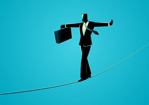 Business concept vector illustration of businessman walking on rope, balancing not to fall. Business risk