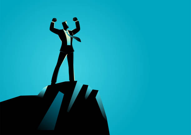 ilustrações de stock, clip art, desenhos animados e ícones de businessman standing on top of rock - people strength leadership remote