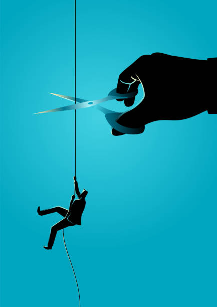 Businessman climbing on rope being cut with scissors Business concept illustration of a businessman climbing on rope meanwhile a giant hand with scissors cutting the rope sabotage icon stock illustrations