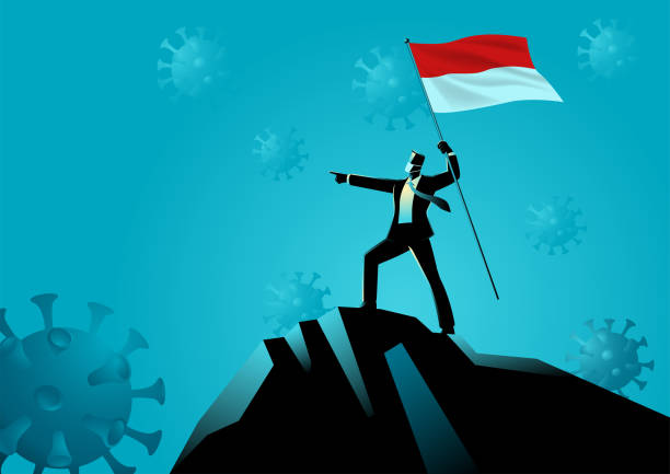 biznesmen trzymający flagę indonezji na szczycie góry - flag bearer stock illustrations