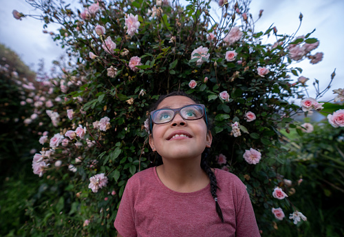 Portrait of a thoughtful Latin American girl surrounded by flowers in the garden and looking up at the sky
