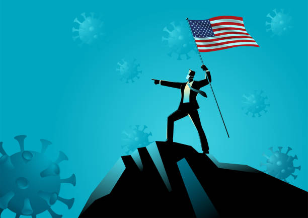 Businessman holding the flag of USA on top of the mountain Business concept vector illustration of a businessman holding the flag of USA on top of the mountain. Optimism during pandemic us recession stock illustrations